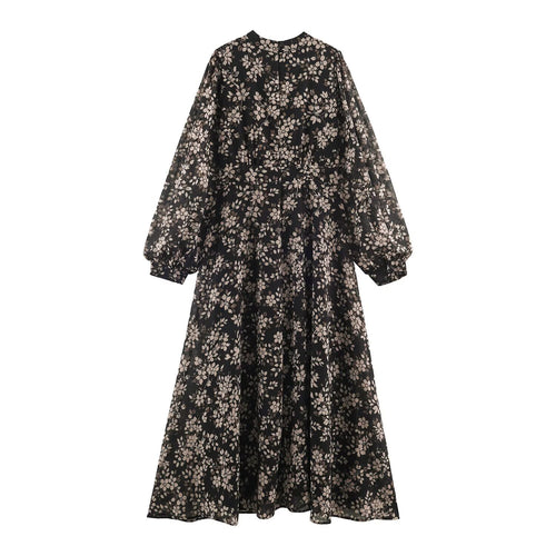 Damen Geblümtes Midikleid mit Faltenoberteil, Stehkragen und Ballonärmeln Nord Taschen