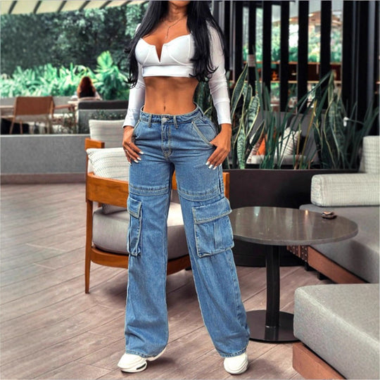 Damen tiefsitzende Wide‑Leg Cargo-Jeans mit XXL-Klappentaschen Nord Taschen