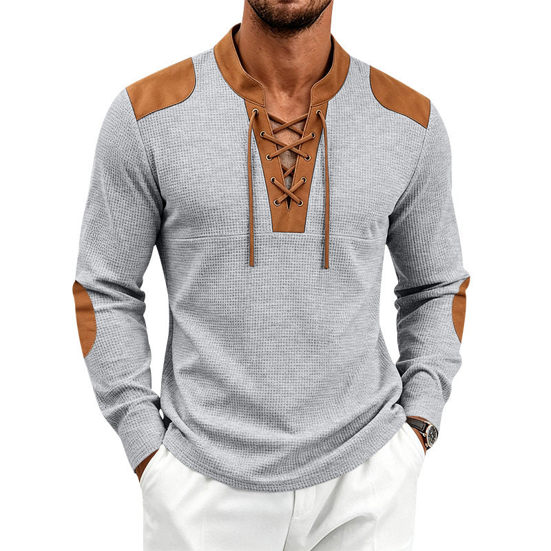 Herren Waffelstrick-Langarmshirt mit Schnürkragen und Kunstleder-Patches Nord Taschen