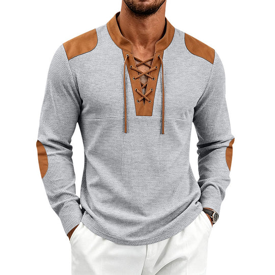 Herren Waffelstrick-Langarmshirt mit Schnürkragen und Kunstleder-Patches Nord Taschen