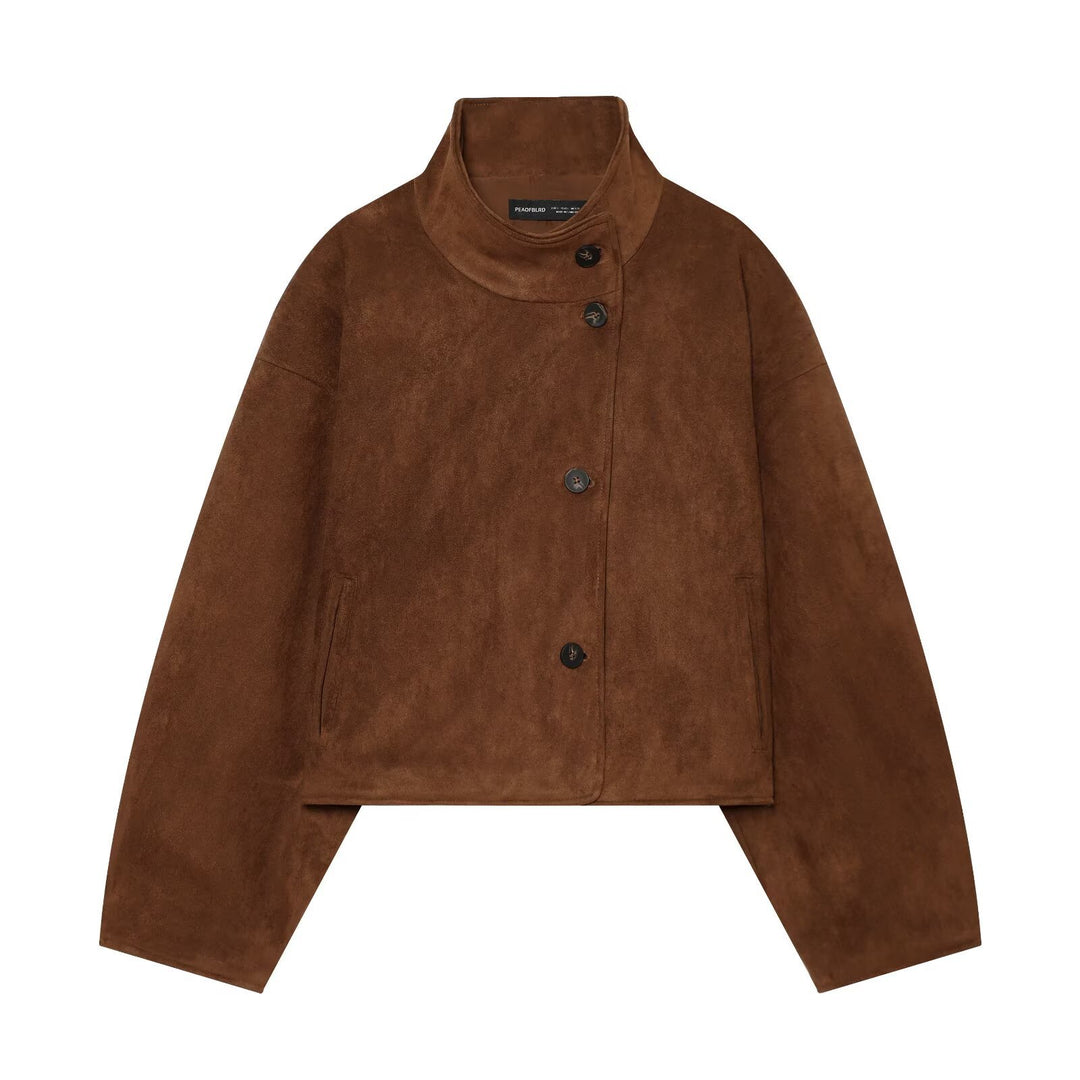 Damen Boxy-Shortjacke aus Velourslederoptik mit hohem Stehkragen Nord Taschen