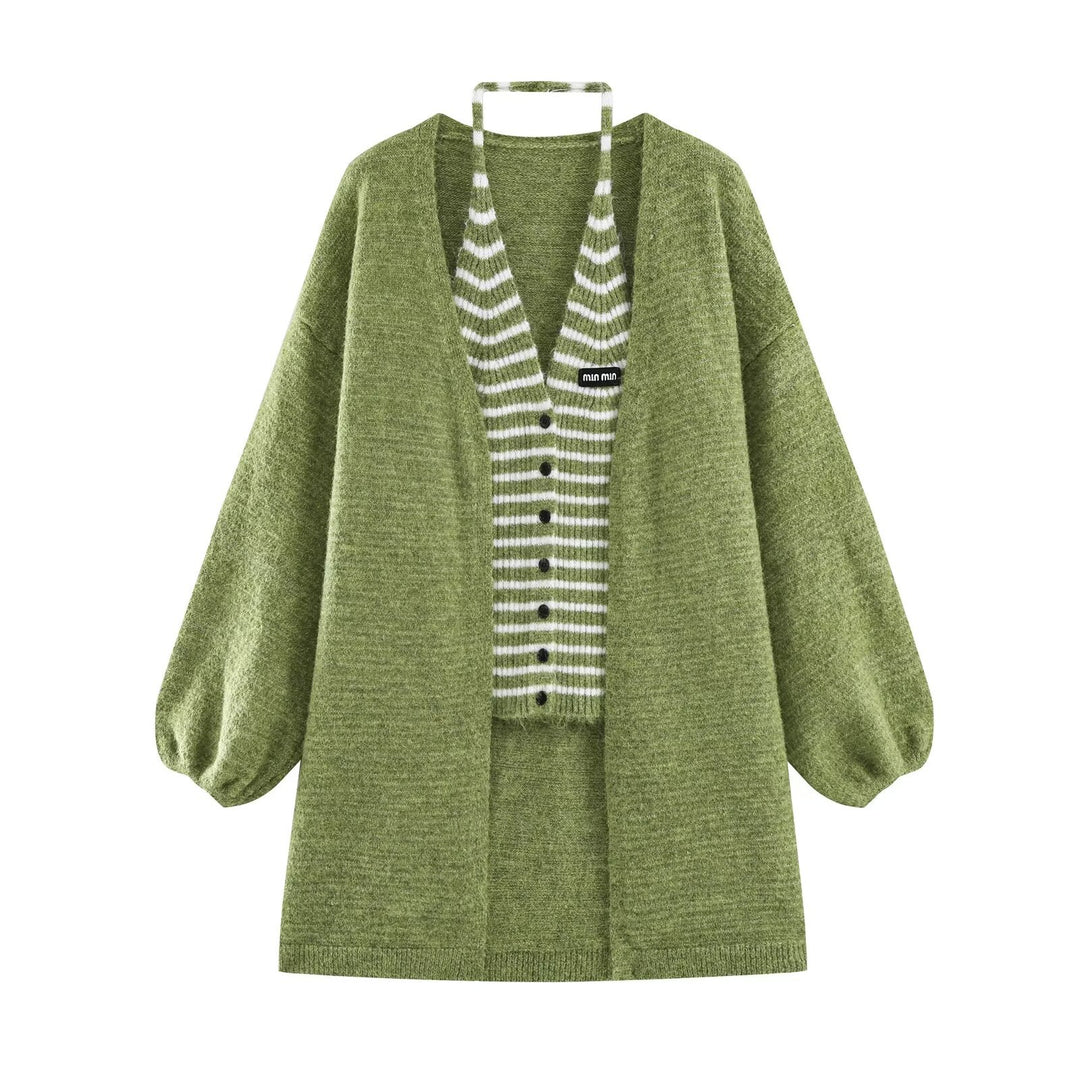 Damen Oversized Mohairoptik-Cardigan mit Ballonärmeln und gestreiftem Einsatz Nord Taschen
