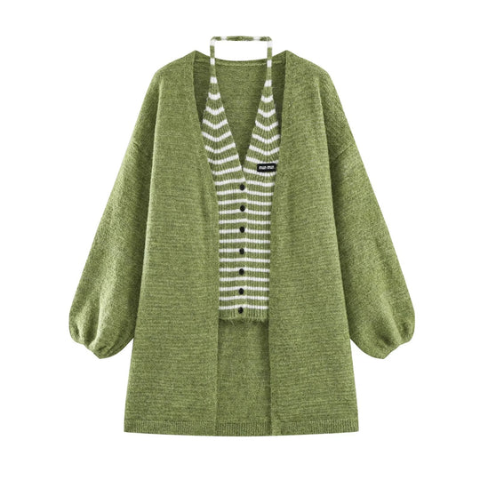 Damen Oversized Mohairoptik-Cardigan mit Ballonärmeln und gestreiftem Einsatz Nord Taschen