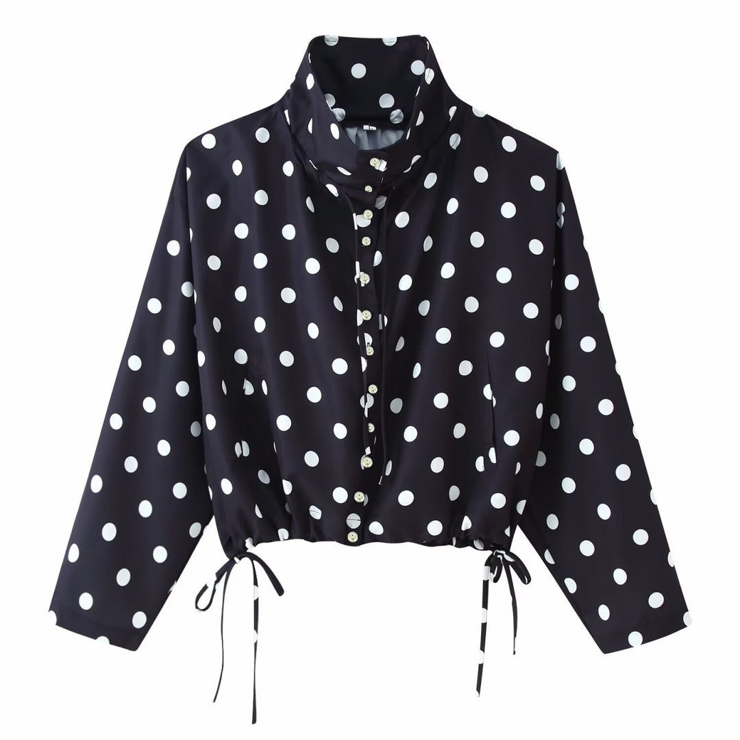 Damen Gepunktete Cropped-Bluse mit Stehkragen und Tunnelzugsaum Nord Taschen