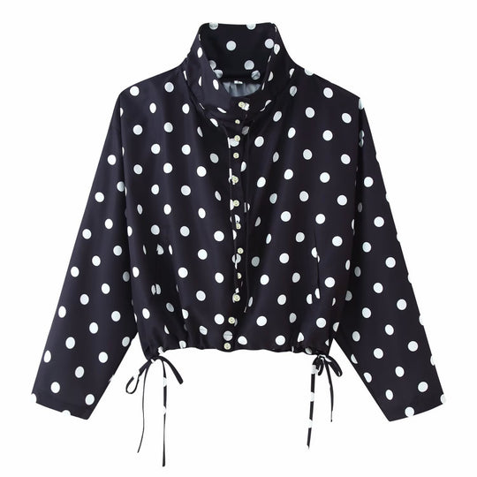 Damen Gepunktete Cropped-Bluse mit Stehkragen und Tunnelzugsaum Nord Taschen