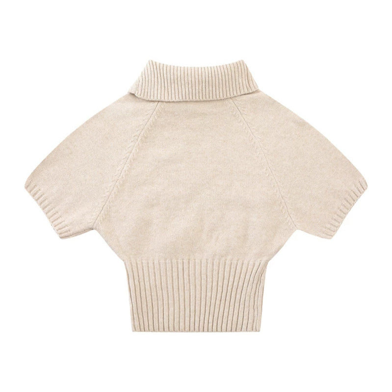 Damen Kurzärmeliges Zopfstrick-Pullover-Top mit Stehkragen und Knopfleiste Nord Taschen