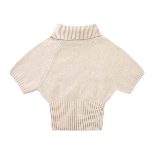 Damen Kurzärmeliges Zopfstrick-Pullover-Top mit Stehkragen und Knopfleiste Nord Taschen