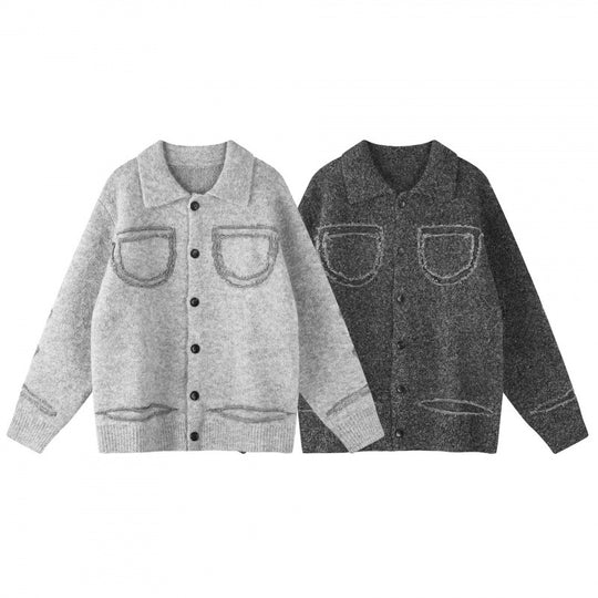 Unisex Oversize Strickjacke im Hemdjacken-Look mit Kragen, aufgesetzten Brusttaschen und Fransenbesatz Nord Taschen