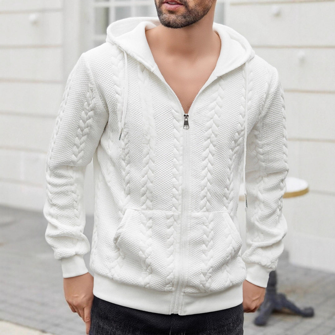 Herren strukturierte Kapuzen-Sweatjacke mit Zopfmuster, durchgehendem Reißverschluss und Kängurutasche Nord Taschen