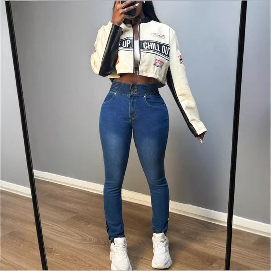 Damen Hochtaillierte formende Skinny-Jeans mit doppeltem Bundverschluss und verstellbarem Knöchel-Tunnelzug Nord Taschen