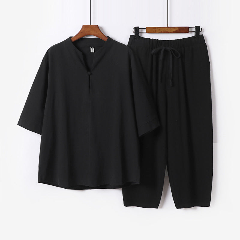 Damen Leichtes Leinen-Baumwoll-Loungewear-Set mit Stehkragen, Dreiviertelärmeln und Gummizugbundhose Nord Taschen