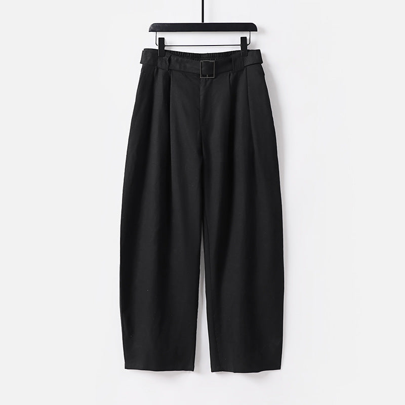 Damen Hochgeschnittene weite Leinenmix-Hose mit Bundfalten und Stoffgürtel Nord Taschen