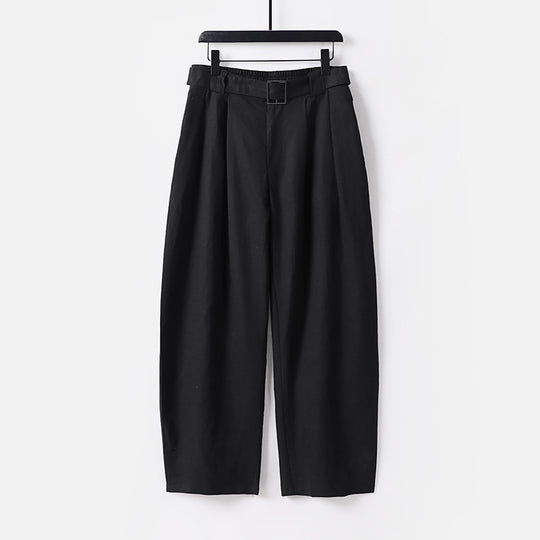 Damen Hochgeschnittene weite Leinenmix-Hose mit Bundfalten und Stoffgürtel Nord Taschen