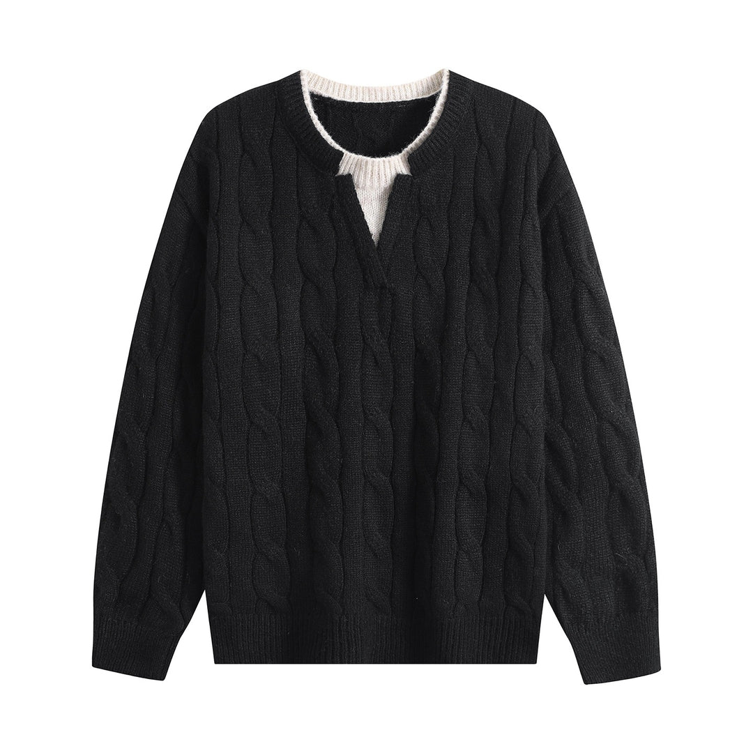 Damen Oversize Zopfmuster-Pullover mit V‑Schlitzkragen Nord Taschen