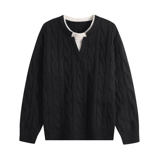 Damen Oversize Zopfmuster-Pullover mit V‑Schlitzkragen Nord Taschen