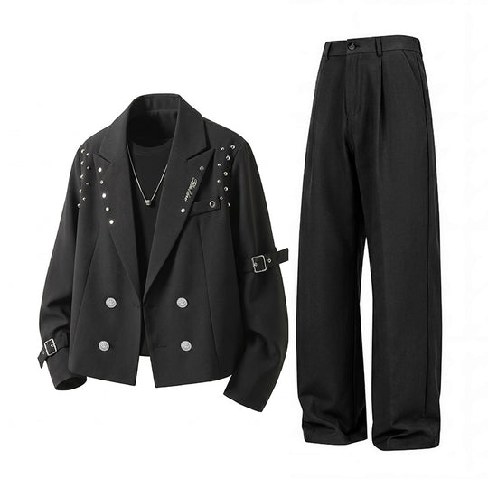 Herren Kurzblazer-Jacke im Rockigen Biker‑Look mit Nietenbesatz, Doppelreiher & Ärmel-Schnallen Nord Taschen