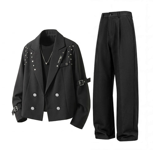 Herren Kurzblazer-Jacke im Rockigen Biker‑Look mit Nietenbesatz, Doppelreiher & Ärmel-Schnallen Nord Taschen