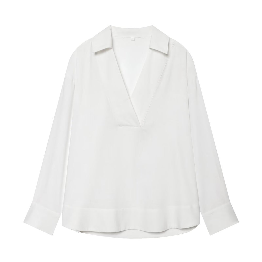Damen Locker sitzende V‑Tunika‑Bluse mit Kentkragen und breiten Manschetten Nord Taschen