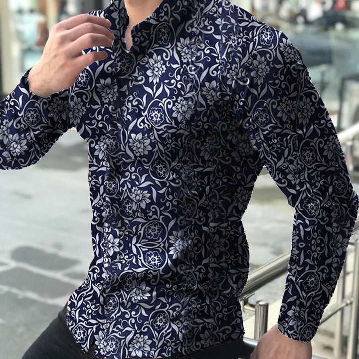 Herren figurbetontes Langarmhemd mit feinem Ornamentmuster und stretch Baumwollmischung Nord Taschen