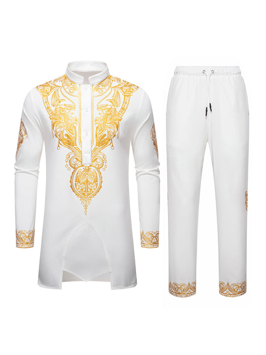 Herren Ornamentales Tunika-Set mit Stehkragen, Halbknopfleiste und goldverziertem Print Nord Taschen