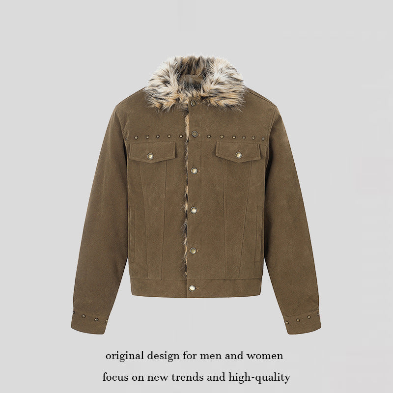 Herren Veloursleder-Truckerjacke mit Kunstfellkragen, Nietenbesatz und Druckknopfverschluss Nord Taschen