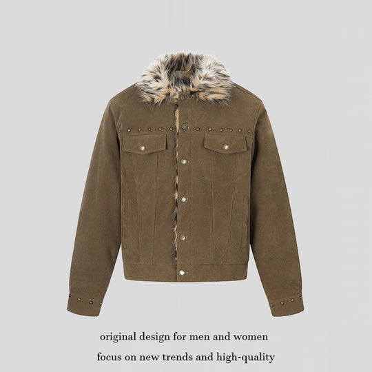 Herren Veloursleder-Truckerjacke mit Kunstfellkragen, Nietenbesatz und Druckknopfverschluss Nord Taschen