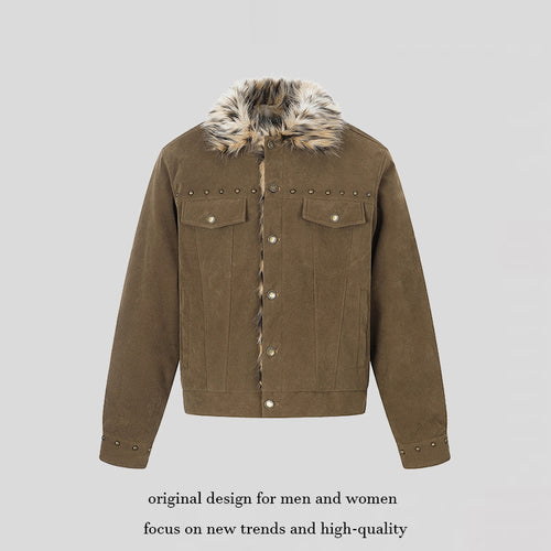 Herren Veloursleder-Truckerjacke mit Kunstfellkragen, Nietenbesatz und Druckknopfverschluss Nord Taschen