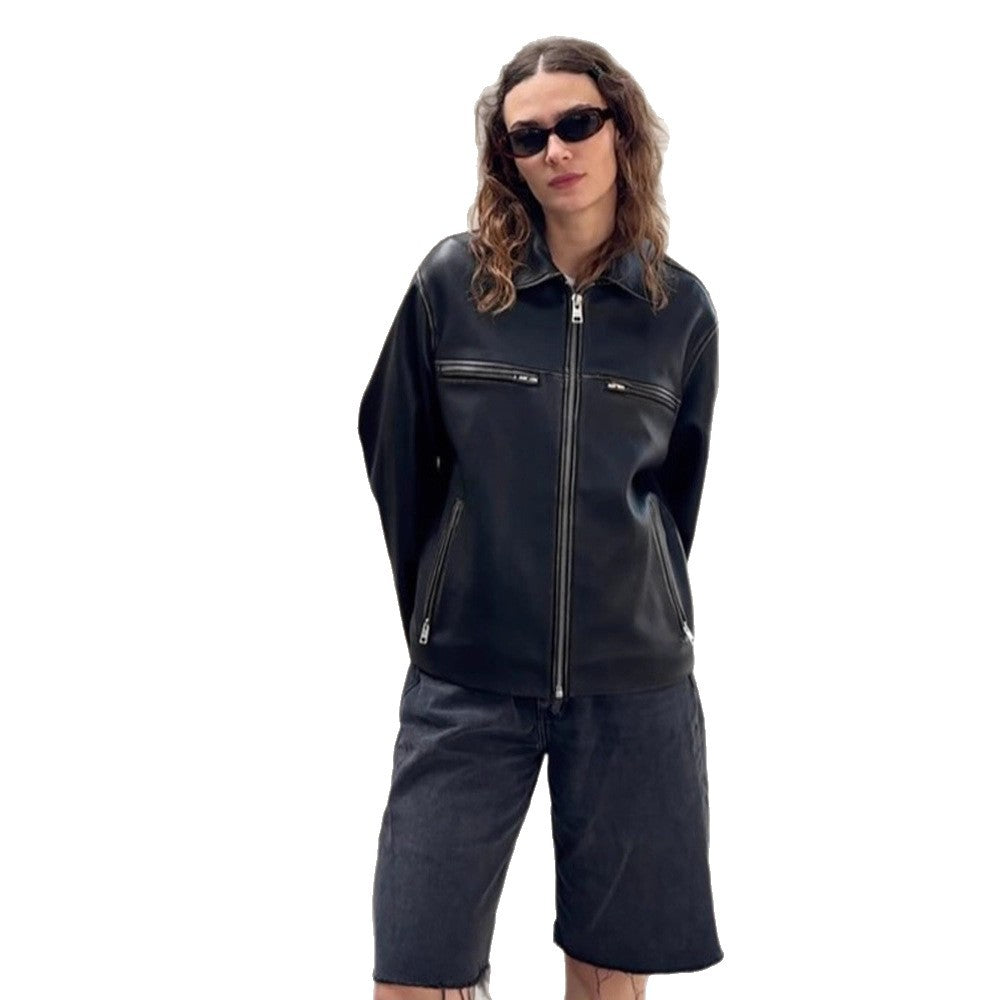 Damen Boxy-Lederimitatjacke mit zweifachem Reißverschluss und Brustzippern Nord Taschen