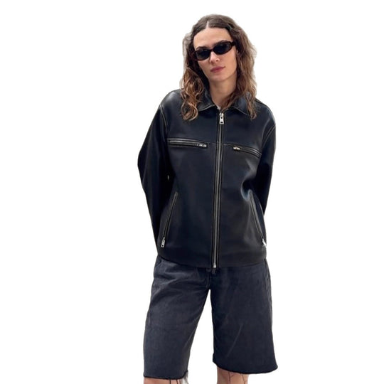 Damen Boxy-Lederimitatjacke mit zweifachem Reißverschluss und Brustzippern Nord Taschen