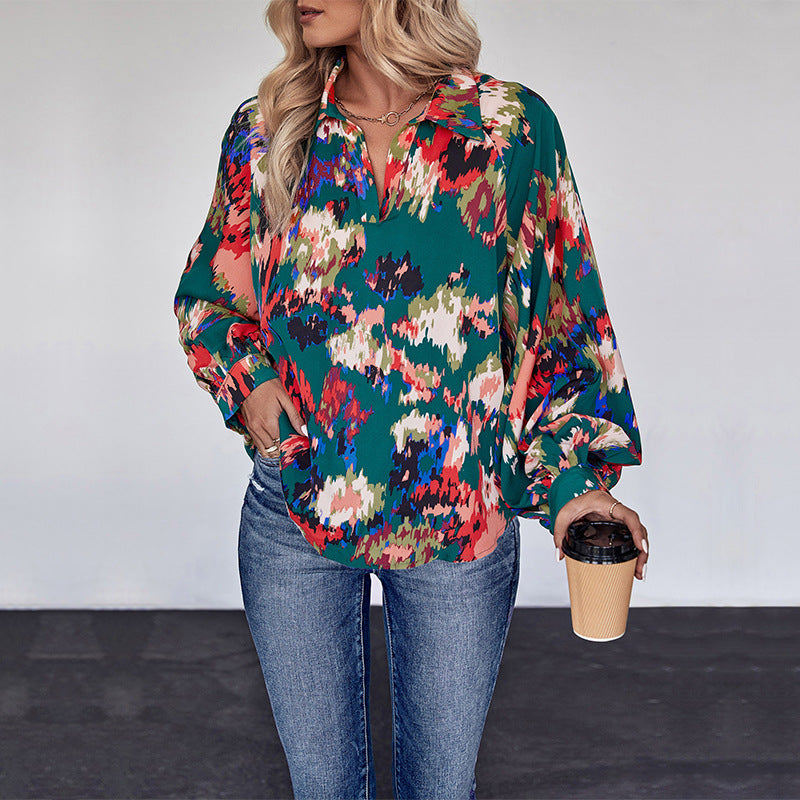 Damen Weites Blusenshirt mit Hemdkragen, abstraktem Print und Ballonärmeln Nord Taschen