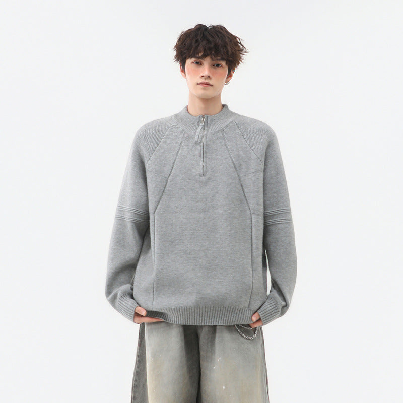 Herren Strick-Halbzip-Pullover mit Stehkragen und strukturierten Rippdetails Nord Taschen
