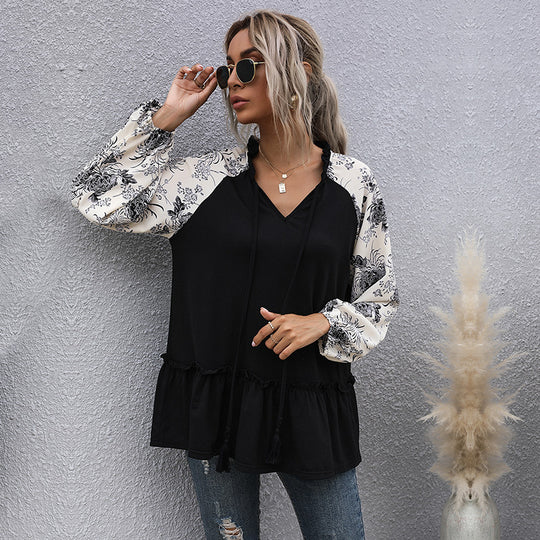 Damen Lässige V‑Ausschnitt Tunika‑Bluse mit Volantsaum, Blumenraglanärmeln und Kordelzug Nord Taschen