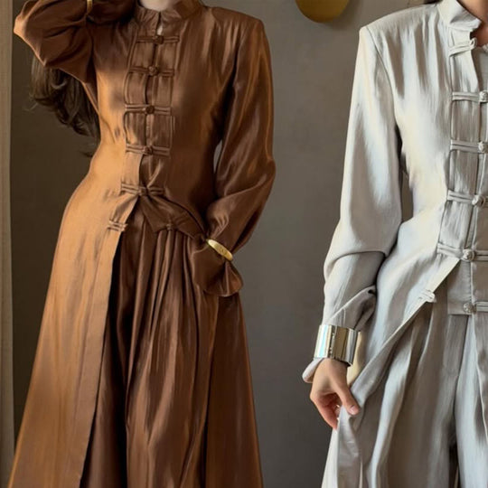 Damen Maxikleid mit Stehkragen, traditionellem Knotenverschluss und Ballonärmeln Nord Taschen