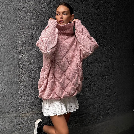 Damen Oversize Strickpullover mit Rollkragen, Zopfmuster und voluminösen Ballonärmeln Nord Taschen
