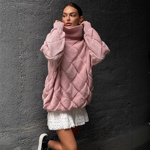 Damen Oversize Strickpullover mit Rollkragen, Zopfmuster und voluminösen Ballonärmeln Nord Taschen