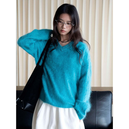 Damen Weicher Fluffy V‑Ausschnitt Pullover mit lockerer Silhouette Nord Taschen