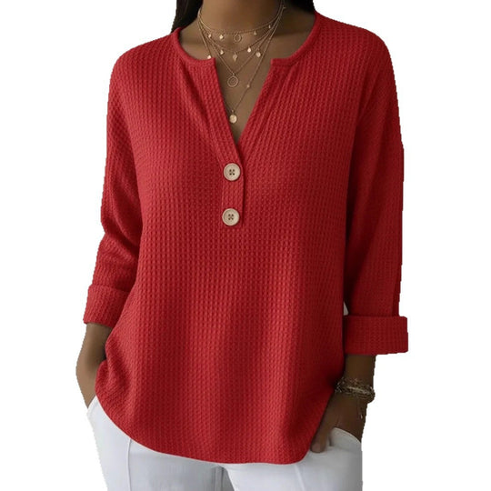 Damen Waffelstrick-Henleyshirt mit Holzknöpfen und krempelbaren Ärmeln Nord Taschen