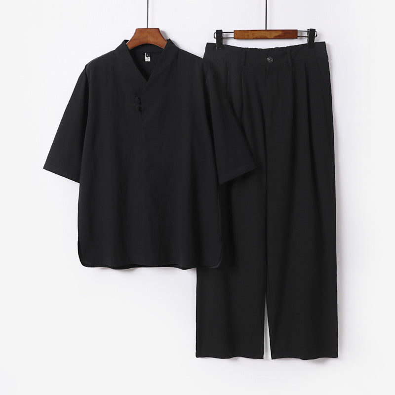 Herren Zweiteiliges Leichtes Kimono-Loungewear-Set mit Stehkragen Knotenverschluss Kurzarm und weiter Bundhose Nord Taschen