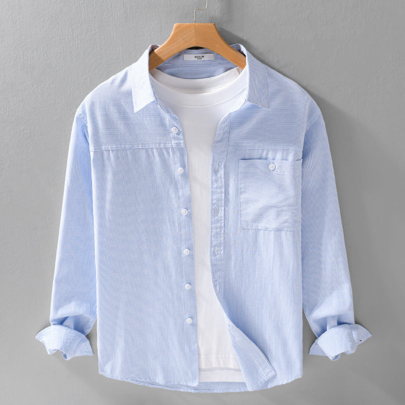 Herren Feines Nadelstreifen-Layering-Overshirt aus leichtem Baumwollmix mit aufgesetzter Brusttasche Nord Taschen