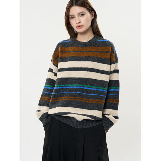 Damen Oversize-Strickpullover im Breton-Streifen-Look aus Wollmix mit geripptem Saum Nord Taschen