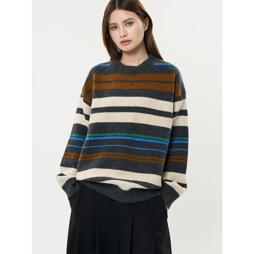 Damen Oversize-Strickpullover im Breton-Streifen-Look aus Wollmix mit geripptem Saum Nord Taschen
