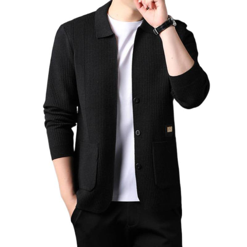 Herren Feinstrukturierte Strickjacke mit Hemdkragen, Knopfleiste und aufgesetzten Taschen Nord Taschen
