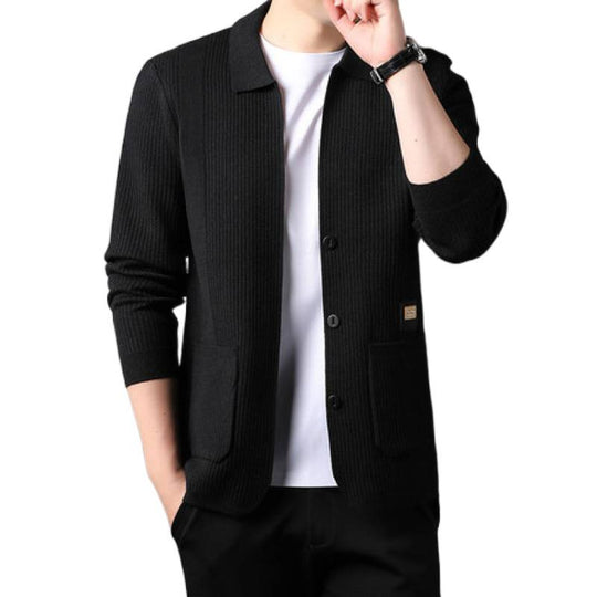 Herren Feinstrukturierte Strickjacke mit Hemdkragen, Knopfleiste und aufgesetzten Taschen Nord Taschen