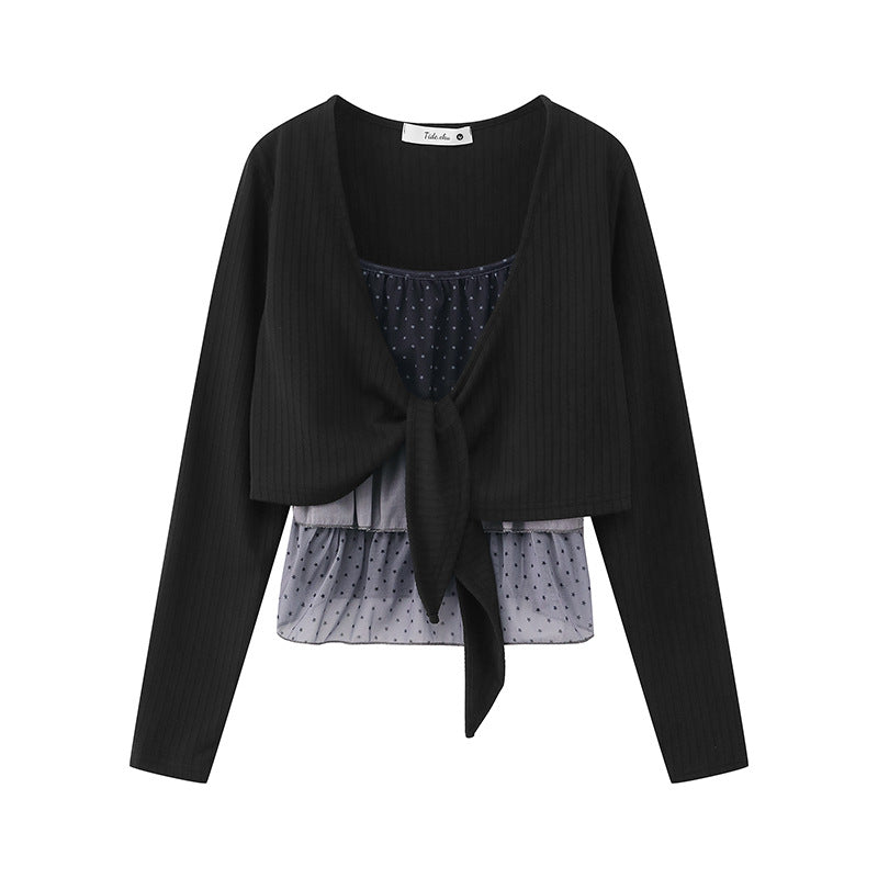 Damen Zweiteiliges Langarm-Top mit Knotenvorderseite und zartem Chiffon-Untertop Nord Taschen