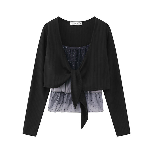 Damen Zweiteiliges Langarm-Top mit Knotenvorderseite und zartem Chiffon-Untertop Nord Taschen