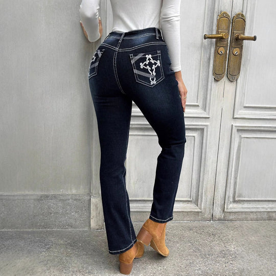 Damen Hochgeschnittene schmal geschnittene Straight-Jeans mit Kontrastnähten und leichtem Schlag Nord Taschen