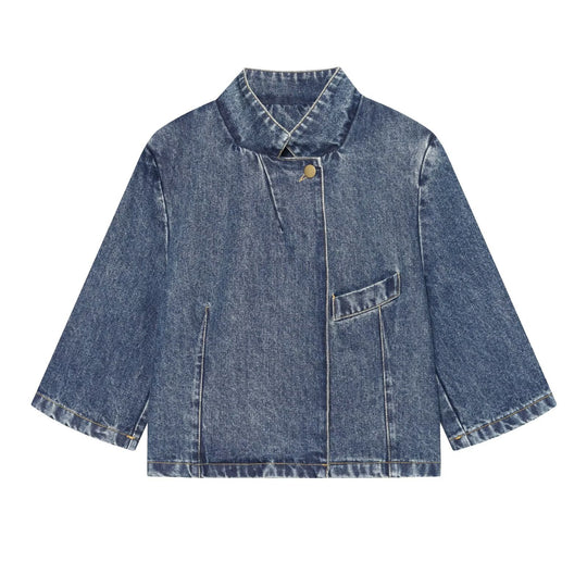 Damen Kurzjacke aus Denim im Boxy-Schnitt mit Stehkragen Nord Taschen