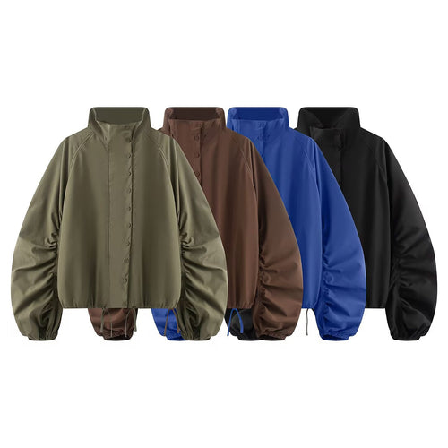 Damen Übergangsjacke mit weitem Ballonärmeln, Stehkragen und Tunnelzug Nord Taschen