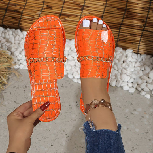 Damen  Croco Prägung Lederimitat Slide mit goldener Schmuckkette und gepolsterter Komfortsohle Nord Taschen