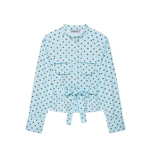 Damen Bluse mit Stehkragen, Bindegürtel und aufgesetzten Brusttaschen Nord Taschen